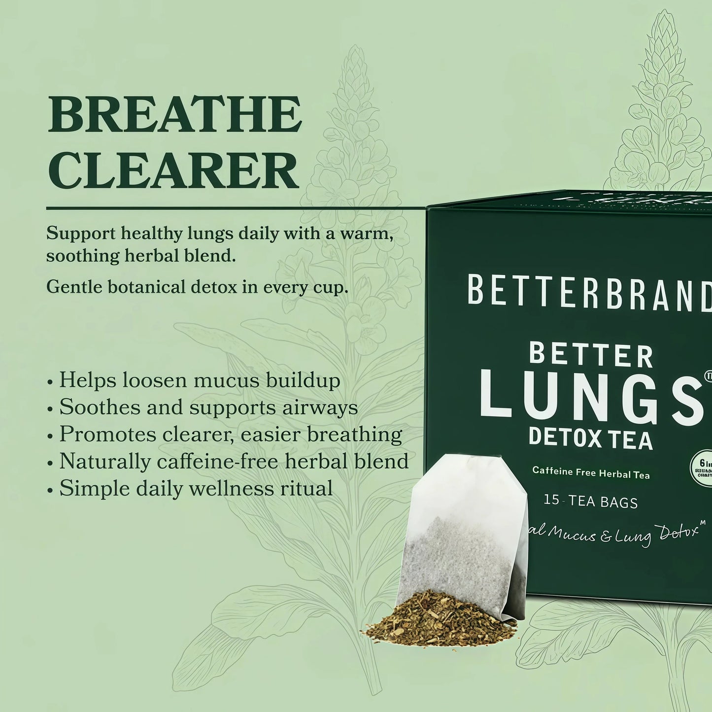 Betterbrand Mullein Tea Bags for Lung Detox - Respiratory Support with Thyme, Elderberry, Ginseng, Ginger, Caffeine Free Herbal Blend - 15 Tea Bags (Pack of 1)