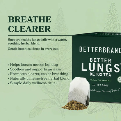 Betterbrand Mullein Tea Bags for Lung Detox - Respiratory Support with Thyme, Elderberry, Ginseng, Ginger, Caffeine Free Herbal Blend - 15 Tea Bags (Pack of 1)