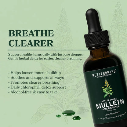 Betterbrand Mullein Drops for Lung Detox - Mullein Leaf Tincture with Chlorophyll - Helps Support Respiratory Health, Alcohol-Free, 1 Month Supply - 60ml